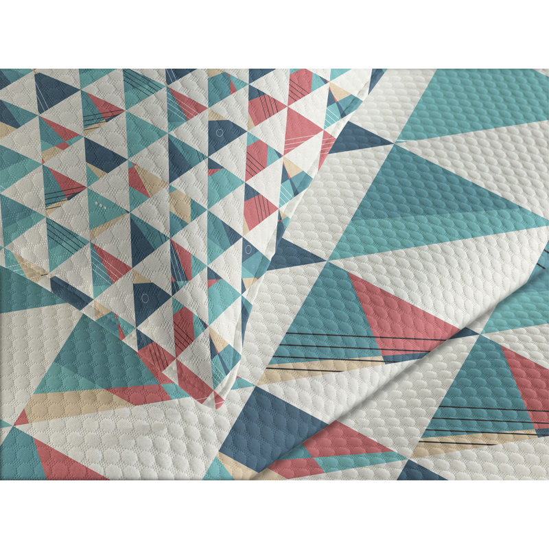 Ambesonne Geometric Bedspread Triangle Hexagons Turquoise Teal Coral, King Coverlet/Bedspread + 2 Pillow Shams