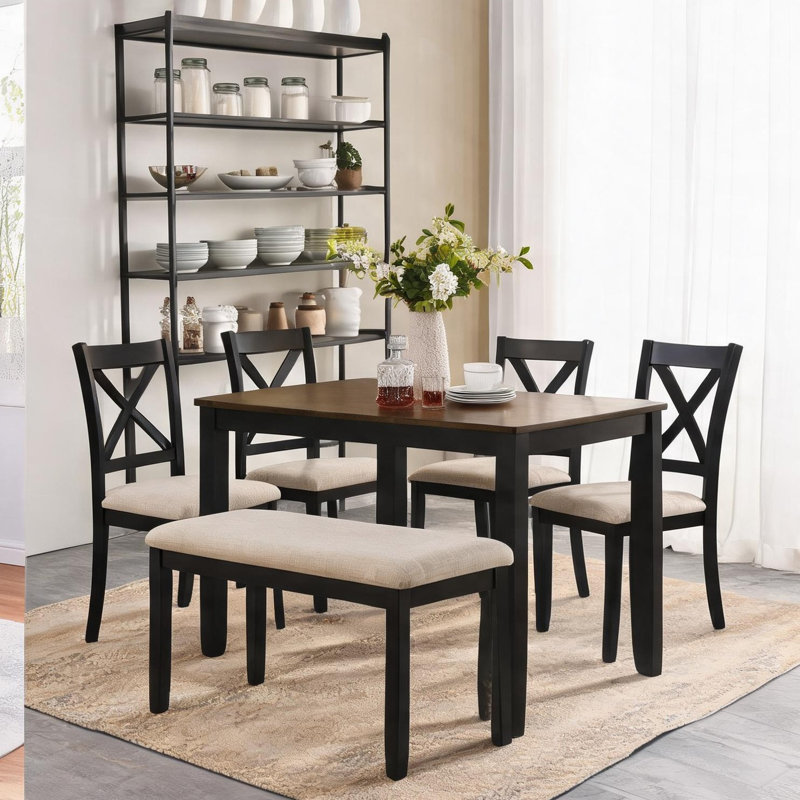 Ensemble de salle à manger rectangulaire 6 pièces avec banc, noir foncé et chêne deux tons, style maison de campagne pour la cuisine ou la salle à manger