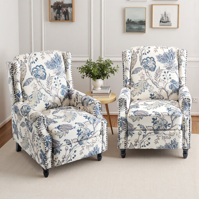 Manual Standard Push Back Recliner, Blue Plants