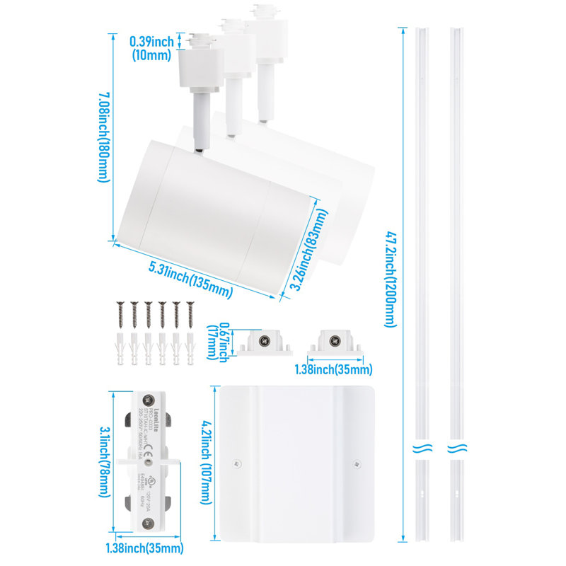 L'ensemble d'éclairage sur rail comprend 3 têtes d'éclairage sur rail de 17,5 W (blanc chaud), 2 rails d'éclairage sur pied de style H, 1 connecteur à baldaquin flottant, 4 capuchons d'extrémité de rail en H et 1 connecteur pour rail en I
