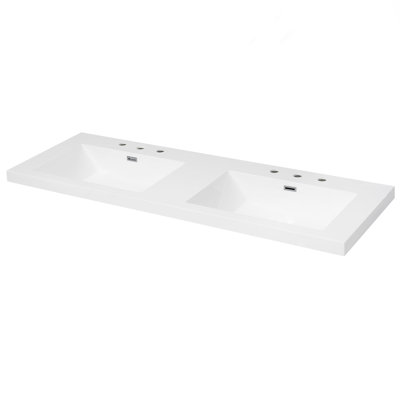 Lavabo en résine 60 po pour meuble-lavabo de salle de bain, avec deux lavabos rectangulaires encastrés, trous de robinet de 8 po, comptoir de meuble-lavabo seulement, blanc éclatant
