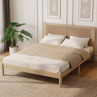 Queen Size Solid Rubber Wood Bed with Wave-Styled Headboard,Central Support Beams and Reinforced Platform Feet