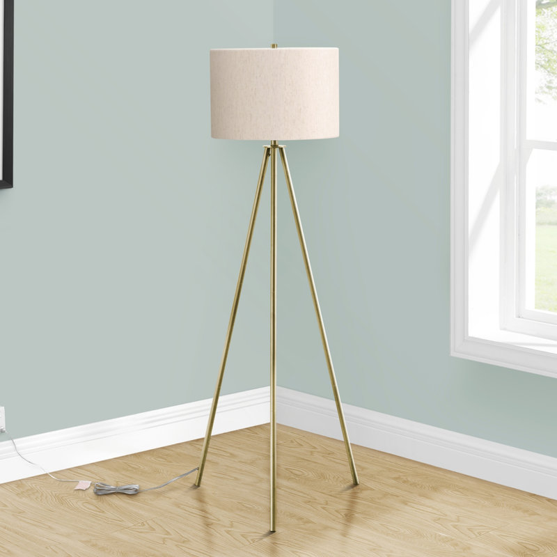 Contemporary Brass Tripod Floor Lamp With Ivory Linen Shade, Adjustable Brightness For Elegant Room Lighting, Brass