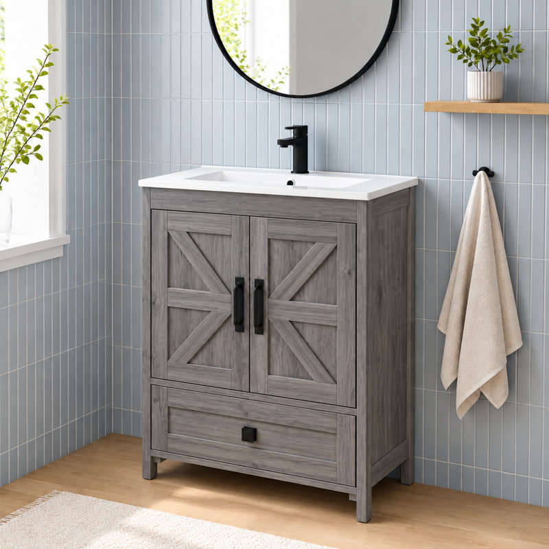 Meuble-lavabo de 76 cm avec lavabo en céramique et rangement dissimulé (sans robinetterie) - Gris, Gris, 30 pouces