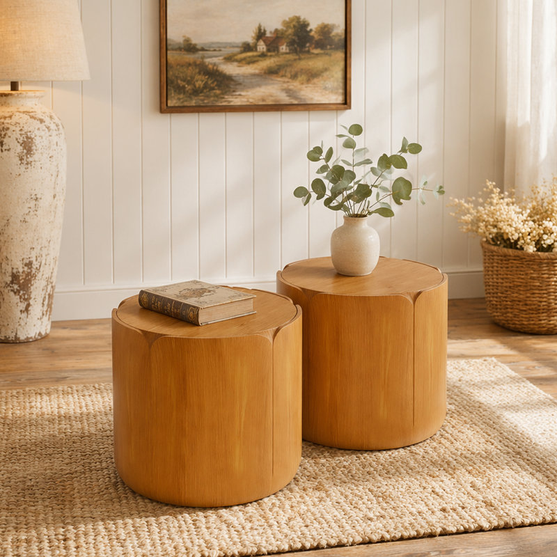 Ensemble de 2 tables d'appoint rondes, table de bout simple pour patio, jardin, cour arrière, salon, Natural