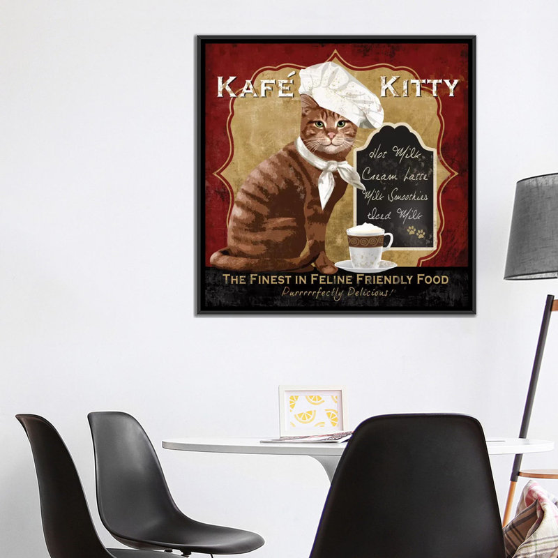 Affiche rétro kafe kitty sur toile tendue, H 18 po x l 18 po x P 1,5 po, Pas de tapis, Toile avec cadre flottant noir