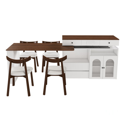 Îlot de cuisine rétro avec 4 chaises en bois massif, table extensible et pivotante, placage noyer en MDF, 4 tiroirs, placards à portes vitrées, 2 à 4 couverts