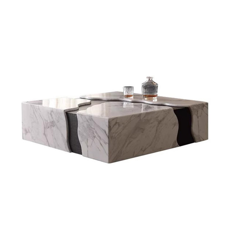 Exquisite Contemporary Stream Form Marble Coffee Table With Flowing Water Form Finish And Wood Veneer Base, Square Venato Carrara White