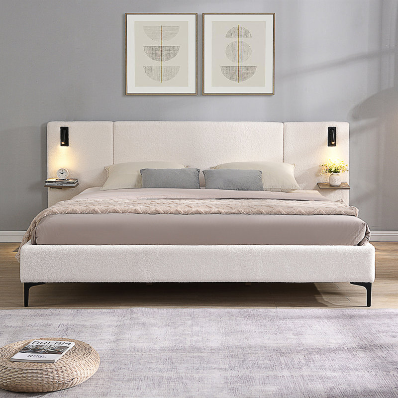 Lit tapissier Chic Boucle avec lumières et tablettes intégrées, très grand