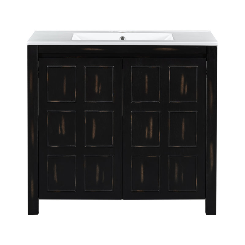 Meuble-lavabo de 36 pouces avec lavabo, conception rétro, fonction en bois massif et fermeture en douceur, organisateur de poignées cachées, armoire rétro en céramique, charnières, dissimulé