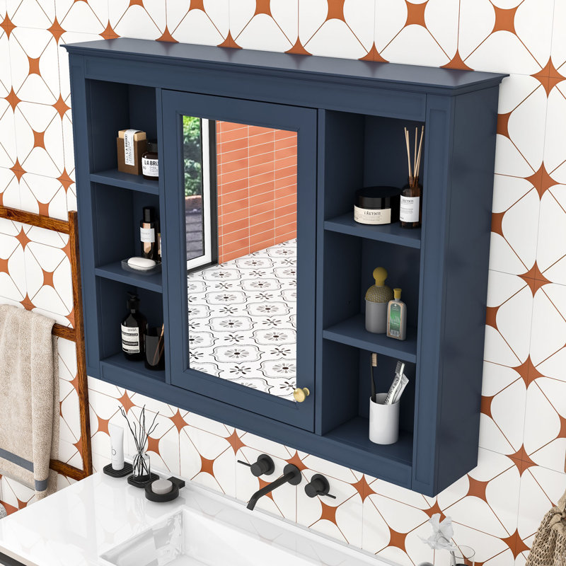 Elegant Wall-Mounted Mirror Cabinet with Concealed Storage, Blue