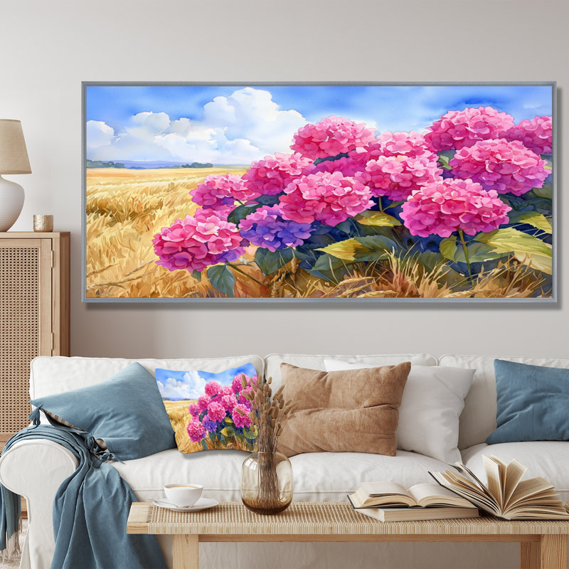 Hortensias dans le champ de céréales III - hydrangées, art mural, Argent argent, H 28 po x l 60 po