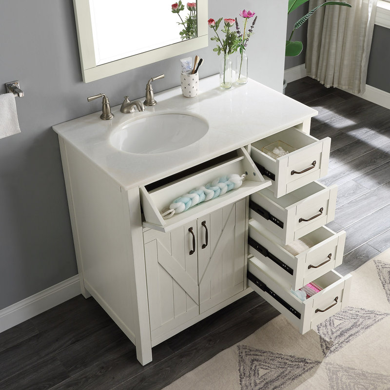 Daryal 36"W x 22"D Bath Vanity in  Wash with  Marble Vanity Top and  Basin, White Wash