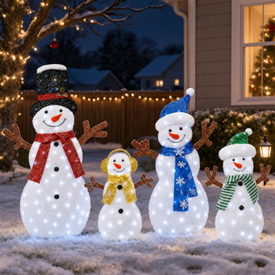 Dazzle Bright Set of 4 Lighted Snowman Family Christmas Decorations, 250 LED White Lights, Waterproof