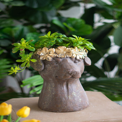 9.3X9.3X13" Magnesium Dog Statue Planter With Textured Brown Finish And Gold Leaf Crown