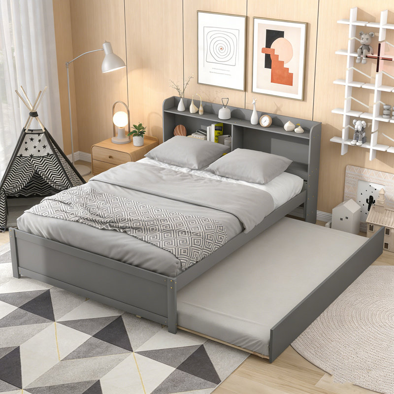 Full Size Bed With Trundle & Bookcase Headboard, Espresso, Gray