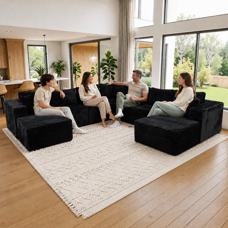 Koli 126" U-Shaped Compression Sectional Couch for 7, Corduroy Cloud Couch, Black
