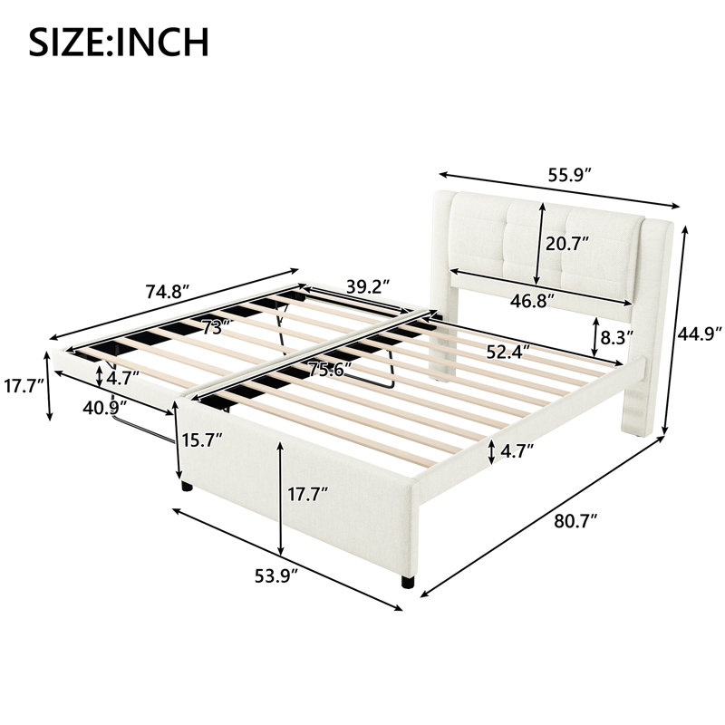 Lit plateforme double tapissier double avec gigogne, couleur beige, construction, pin facile à monter et pieds stables