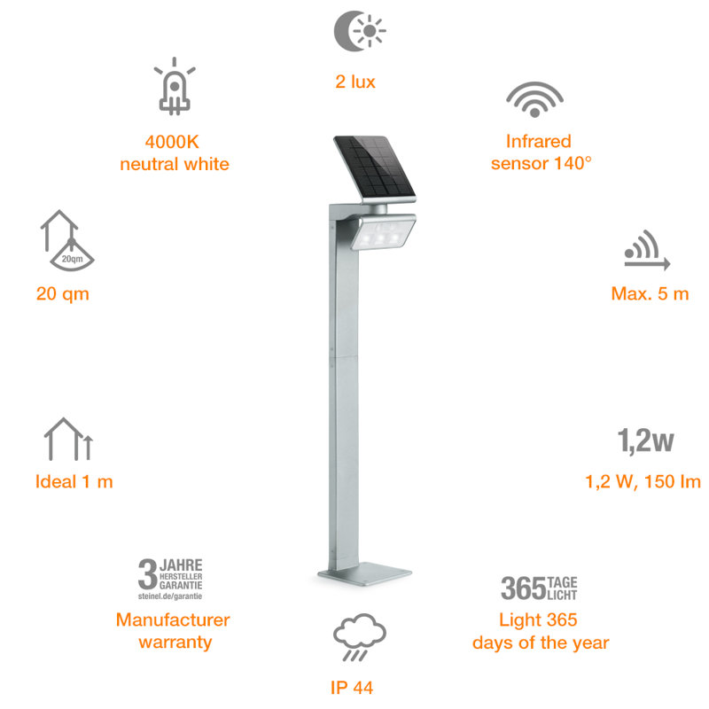 LED Solar Pathway Light XSolar GL-S Silver with Motion Sensor 117.8 cm Height Adjustable, Silver