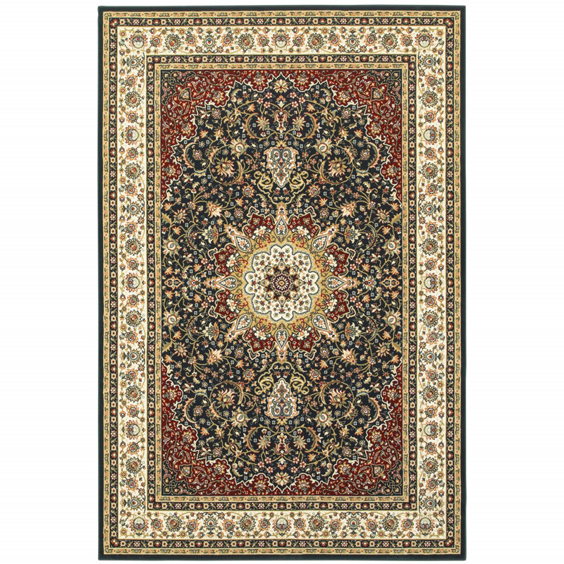 Tapis oriental bleu marine / ivoire Greenwich, Rectangle 1 pi 10 po x 3 pi