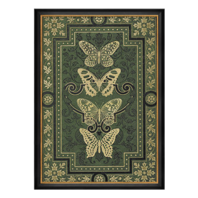 " Green Vintage Butterfly Motif Classic Pattern Illustration Impressionism Framed Wall Art Decoration "