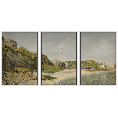 " Coastal Village Charm Rustic Seashore Nature Wilderness Illustration Decor Scenic Panoramic Earth " 3 - Pieces