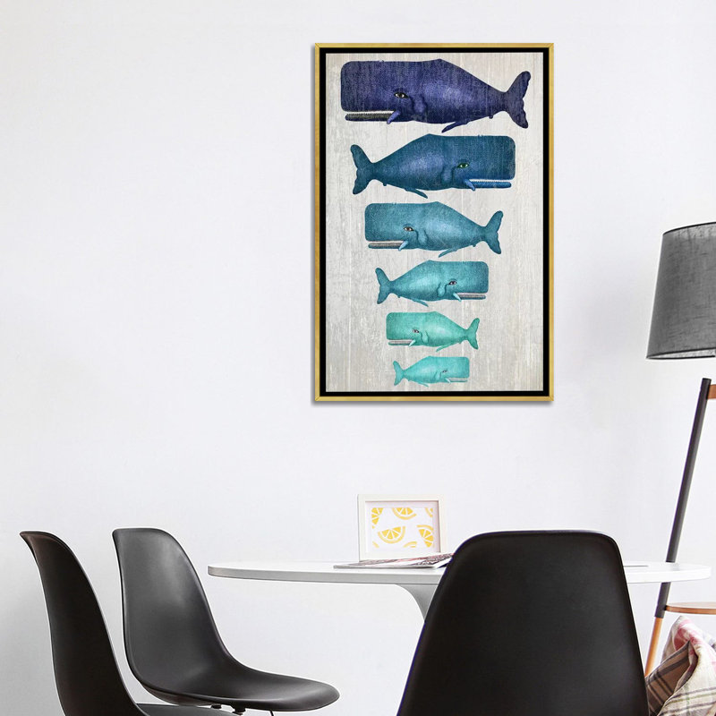 «Whale Family Blue on White» par Fab Funky - impression d'art graphique, Toile encadrée d'or, Aucun mat