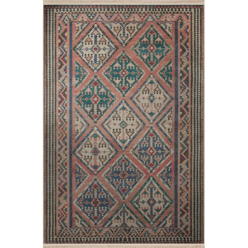 Tapis décoratif lavable à la machine à motif traditionnel multicolore rose, Tapis de couloir 3 pi 3 po x 6 pi 7 po inclus