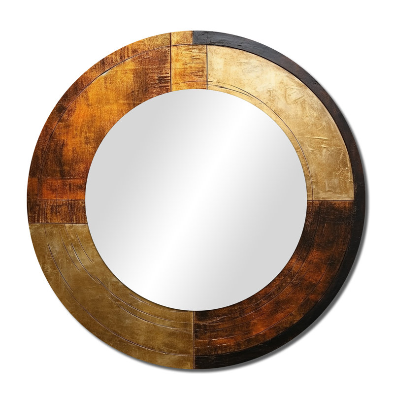 Bronze Brilliance Symetry - Abstract Shapes Decorative Mirror, Brown Round Wall Mirror, Printed Metal Art, 36" x 36"