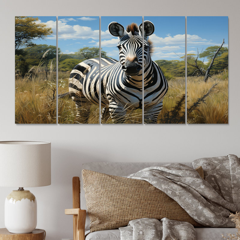 Zèbre, réaliste, portrait animalier, animaux, salon, 5 panneaux égaux