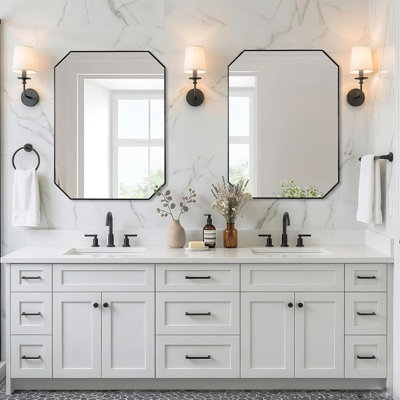 Contemporary Cut Corner Octagonal Scalloped Rectangle Mirror for Bathroom |Stainless Steel Frame
