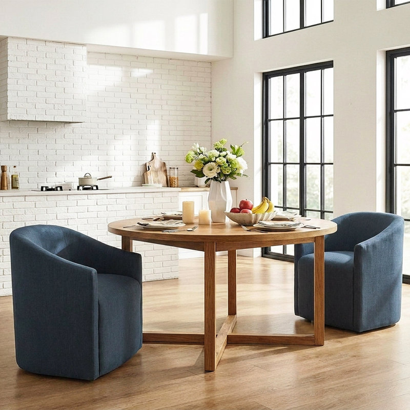  25" Wide Modern No Assembly Linen Barrel Back Upholstered Dining Armchair with Interchangeable Casters & Fixed Feet (Set of 2)