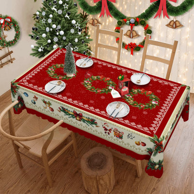 Washable Polyester Christmas Wreath Pattern Tablecloth for Christmas Decor