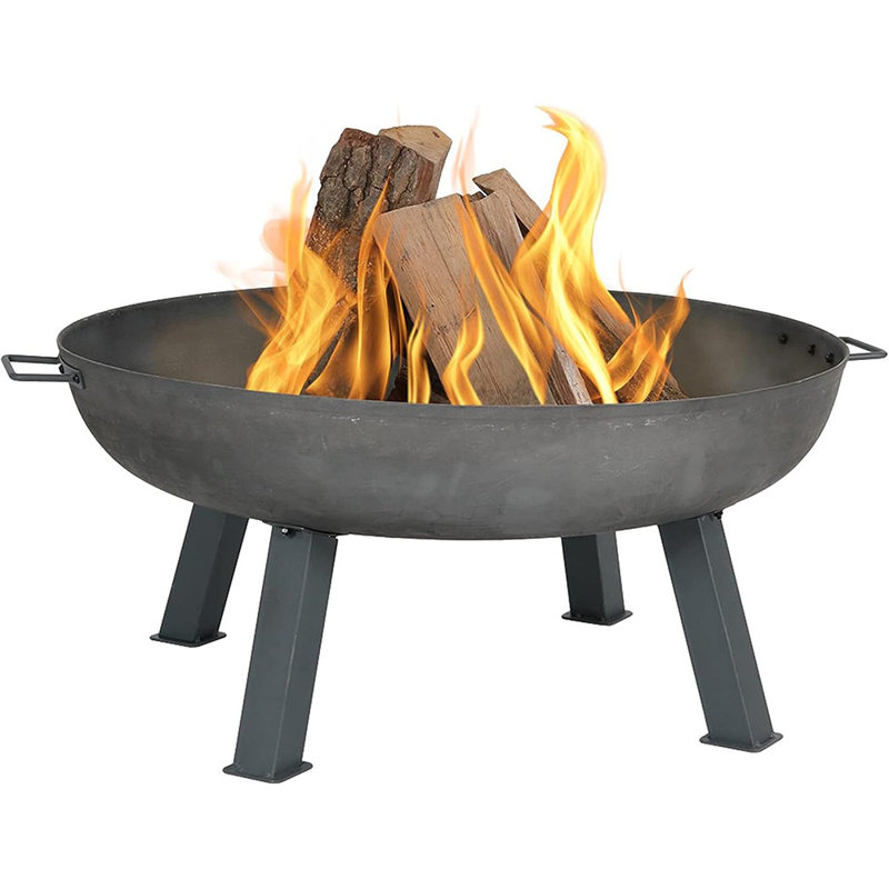 Foyer d'extérieur au feu de bois en fonte de 34 pouces avec poignées - Foyer d'extérieur pour la cour, le patio et le camping - Gris