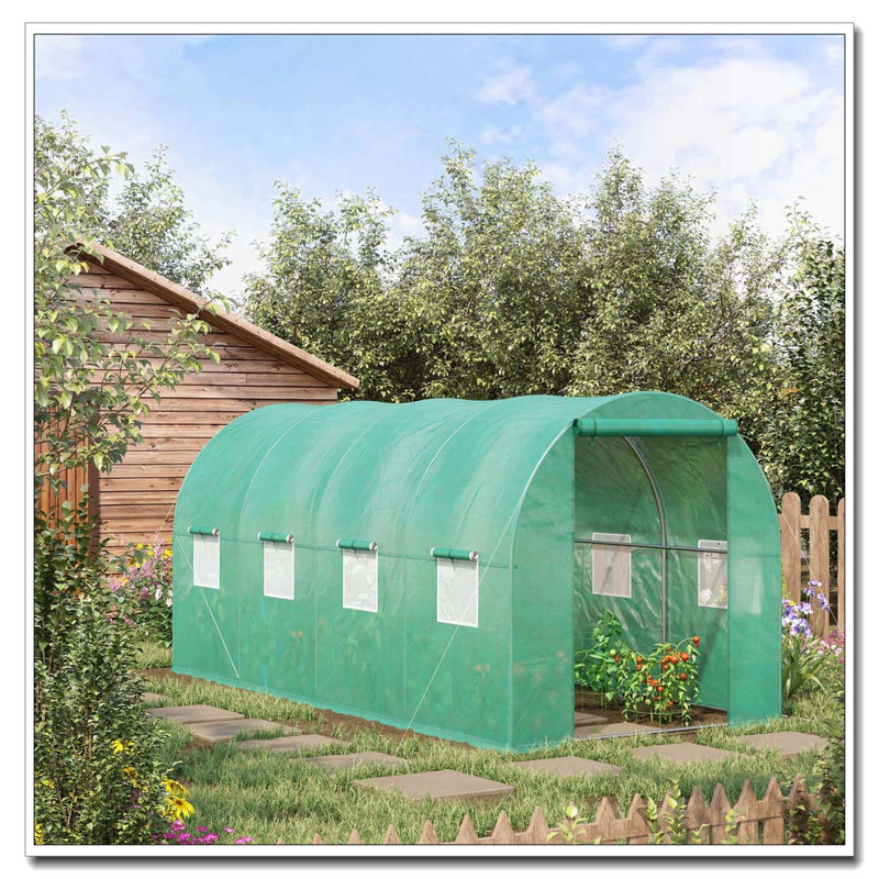 Outsunny 15' x 7' x 6.5' Walk-in Tunnel Hoop Greenhouse, Green House with Polyethylene PE Cover, Steel Frame, Roll-Up Zipper Door & Windows for Flowers, Vegetables, Tropical Plants, Green