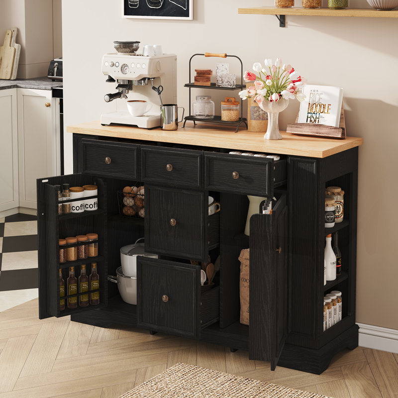 Buffet spacieux avec 5 tiroirs, 2 compartiments et tablettes réglables pour un rangement et une présentation polyvalents