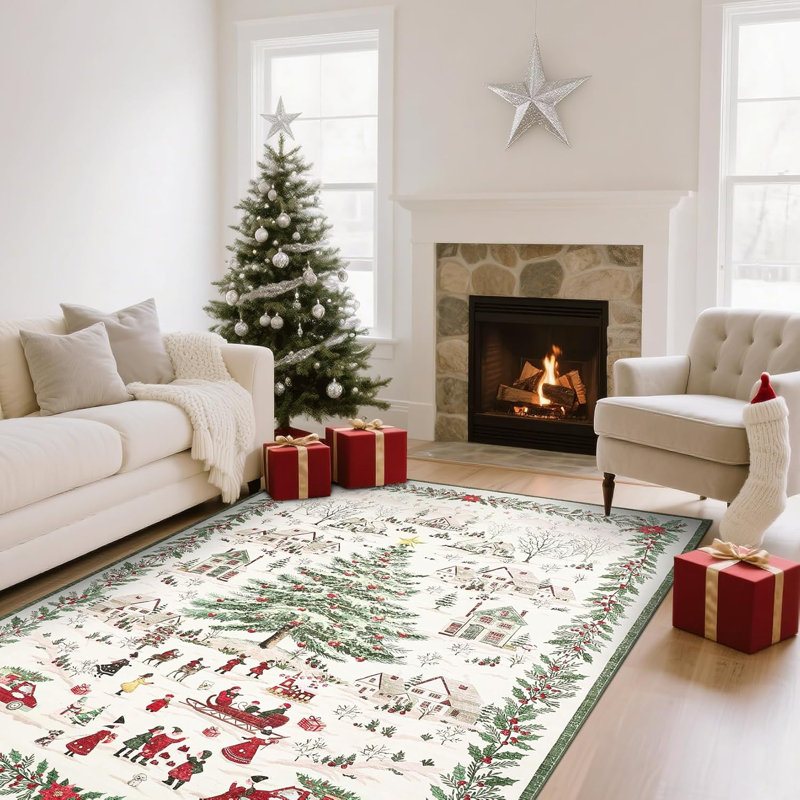 Tapis de Noël - tapis de Noël lavables antidérapants et père Noël, tapis pliable doux à poils courts pour le couloir, l'entrée et la chambre à coucher