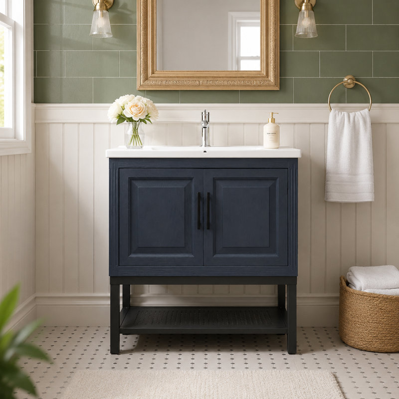 Ensemble de meuble-lavabo 32 po avec lavabo, meuble de rangement autoportant avec lavabo et robinet en céramique encastré, meuble-lavabo moderne pour petite salle de bain, salle d'eau, bleu