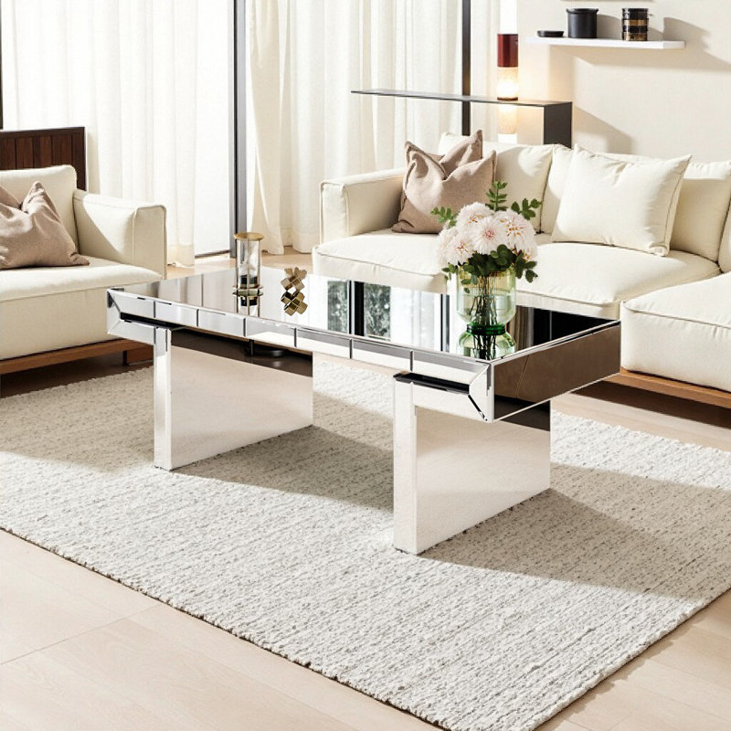 47" Luxury Modern Mirror Coffee Table with Fluted Tempered Glass, H-Base Sofa Table, Easy Assembly & Reinforced Packaging