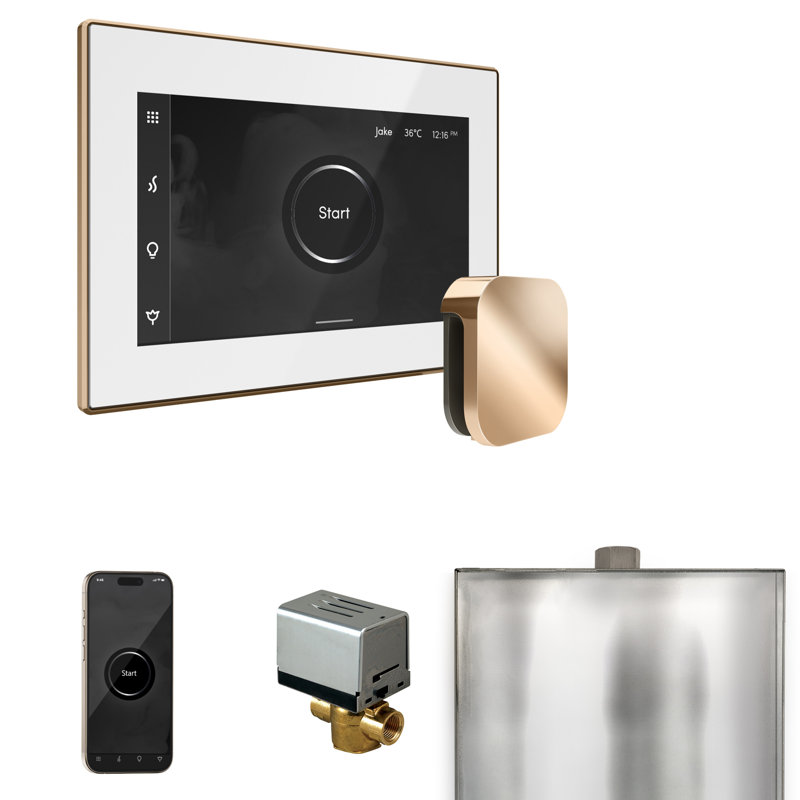 Ensemble de commande de douche à vapeur XButler avec commande iSteamX et tête de vapeur linéaire, Blanc / or poli