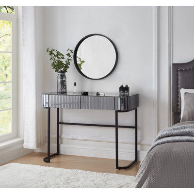 39" Mirrored Makeup Vanity Table With Stainless Steel Base, Mirrored Console Dressing Table With 2 Drawers,Versatile Desk For Bedroom And Office, Gray