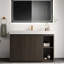 Meuble-lavabo moderne en chêne fumé avec grand rangement et lavabo à quartz intégré-129940323