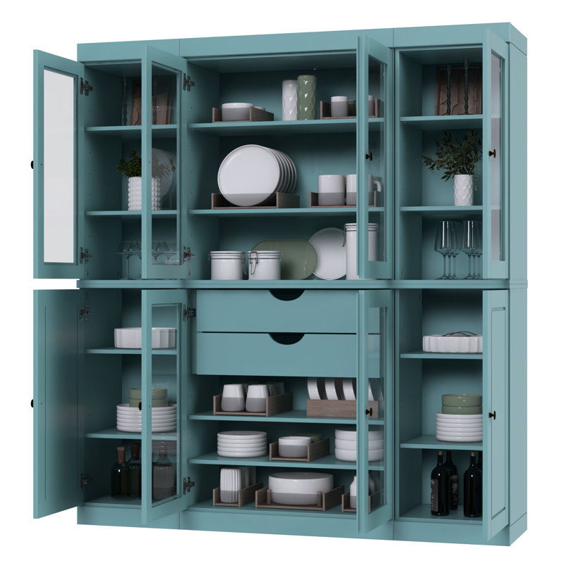 Grande armoire de cuisine Doerschuk avec portes en verre et 2 tiroirs, tablettes réglables, armoire de rangement modulaire pour la cuisine, l 65 po x H 71,5 po
