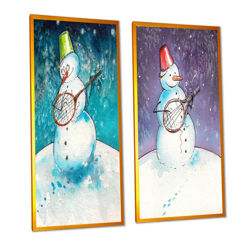 Bonhomme de neige de Noël jouant de la guitare - ensemble de 2 impressions sur toile, H 40 po x l 40 po x P 1 po