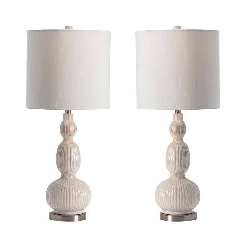 White Triple-Gourd Ceramic Table Lamp With Ribbed Texture