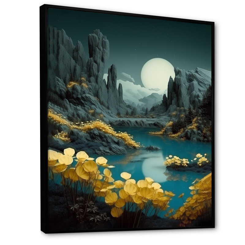 " Moon Through Mountain Peaks I ", 32" H x 24" W x 1" D, Black Floater Framed