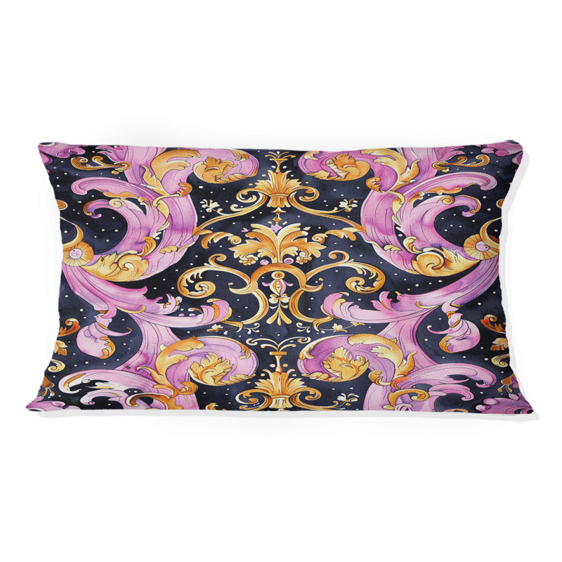 Coussin lombaire à imprimé floral baroque rose et doré