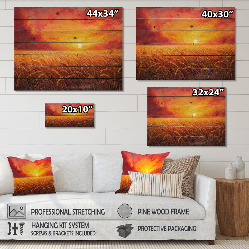 Sunset Over The Wheat Field III - Countryside Wood Wall Decor - On Natural Pine Wood, 10" H x 20" W x 0.78" D