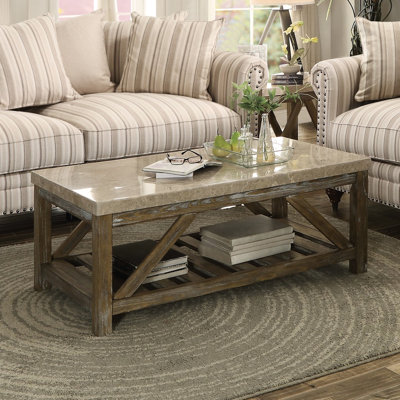 Table basse rectangulaire avec structure en marbre blanc crème et bois