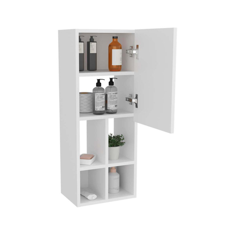 White Wall-Mounted Bathroom Cabinet With Door And 4 Open Shelves, 31.54" H x 12.24" W x 9.29" D
